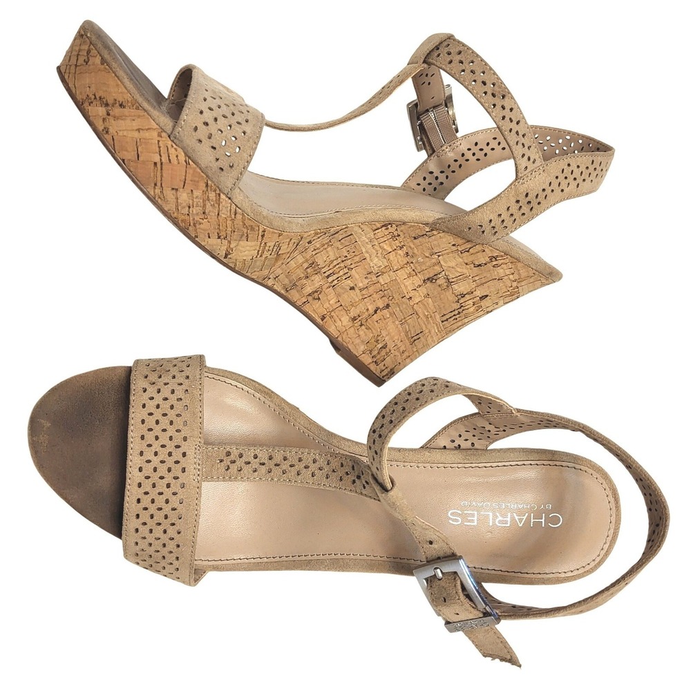 Charles by Charles David Beige Tan Cork Wedge Laser Cut Strappy Sandals 9M - Picture 2 of 10